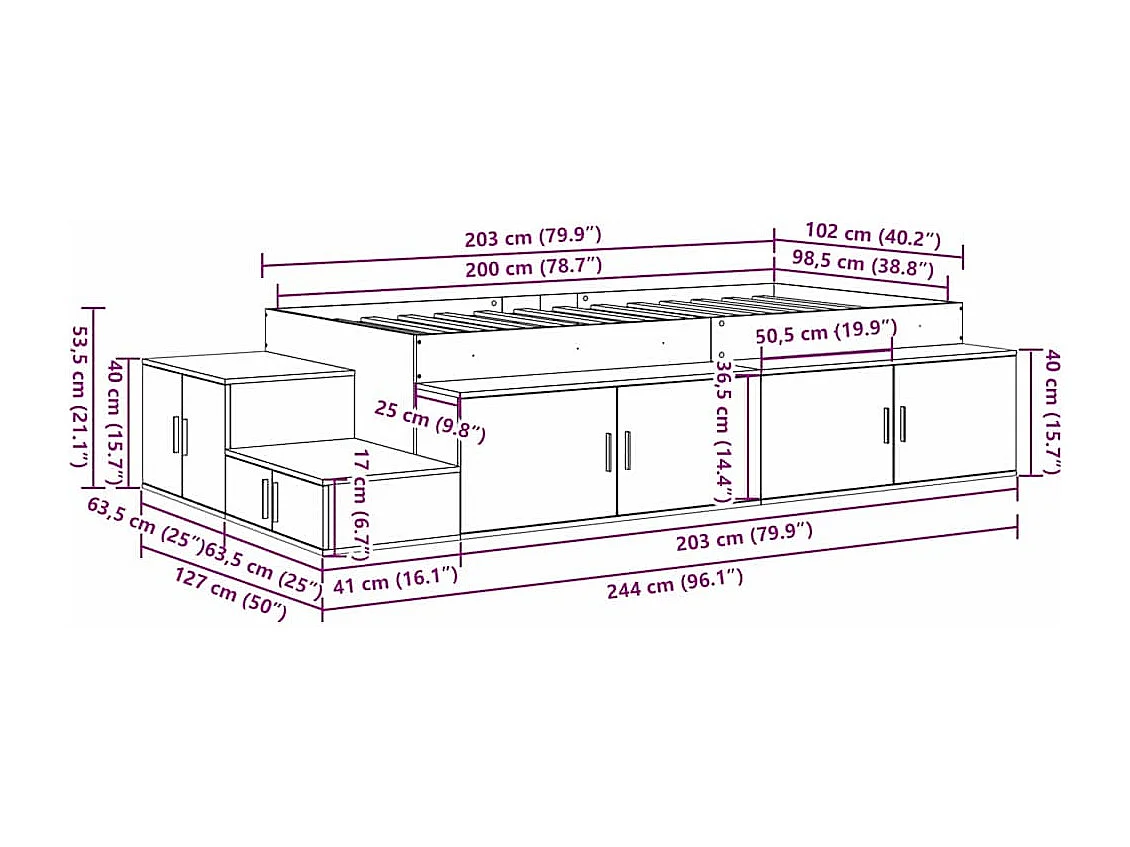 Opbergbedframe met opslag Beton Grijs 80 cm Bewerkt hout