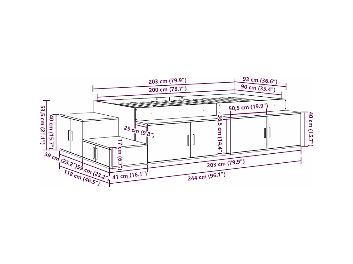 Cama con almacenamiento Roble Sonoma 244 x 118 x 53.5 cm