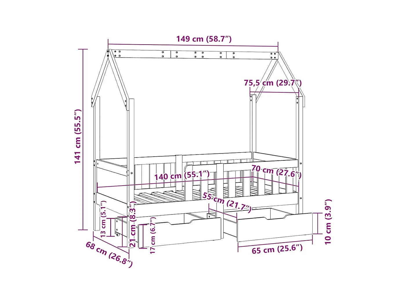 Giroletto Bambini con Cassetti 70x140 cm Legno Massello di Pino
