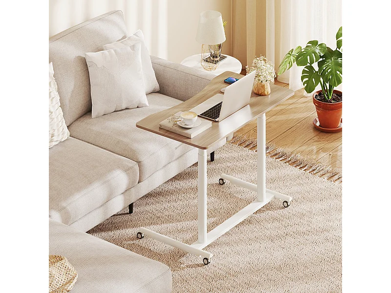 Bureau Mobile Debout Bureau d'Ordinateur Réglable en Hauteur en Forme de C avec Roulettes Verrouillables et Cadre en Métal Naturel