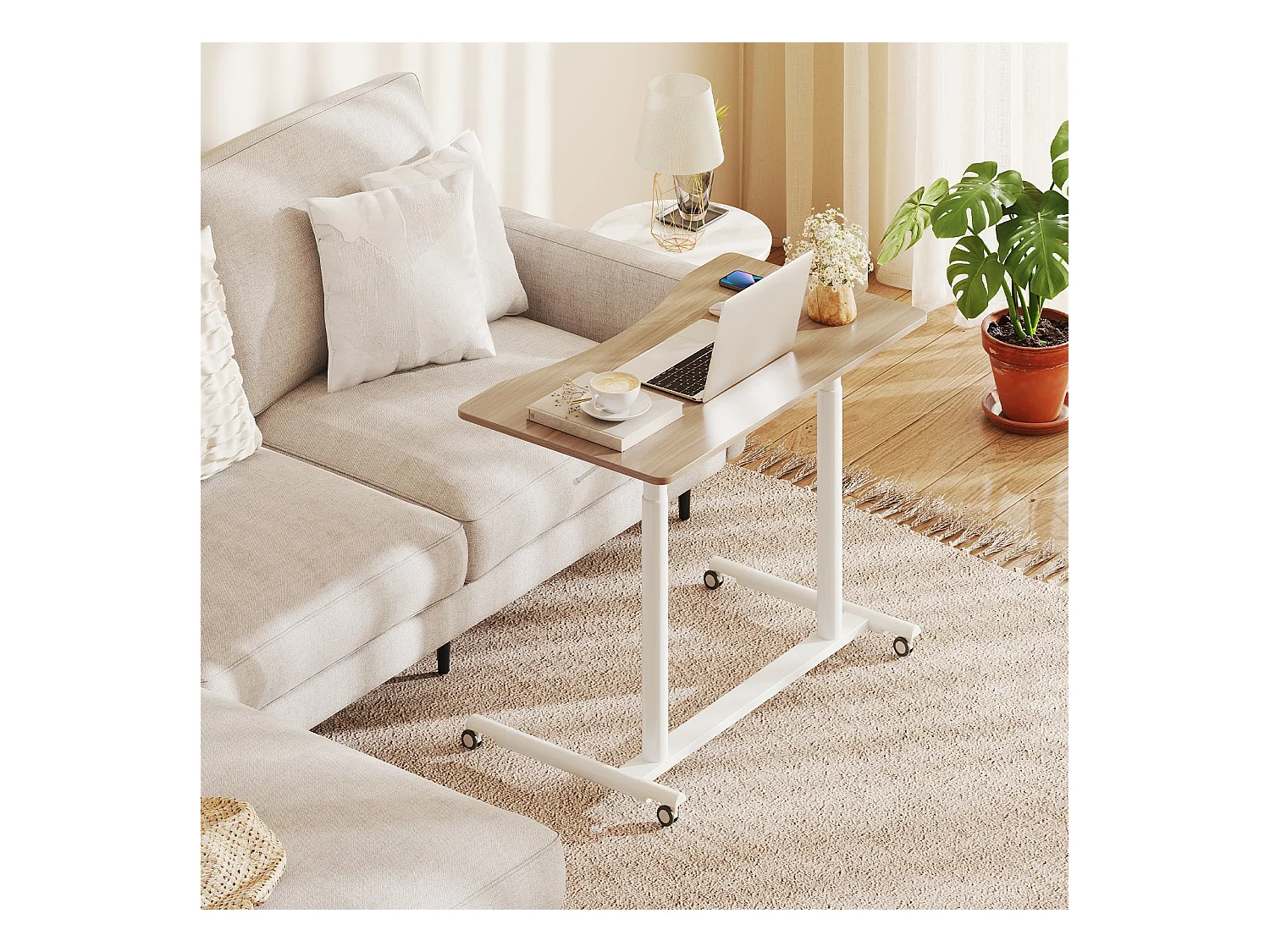 Scrivania a C con rotelle 70-106 cm scrivania per computer regolabile in altezza Scrivania in piedi natura