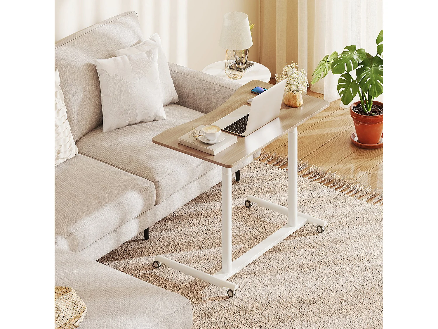 C-förmiger Schreibtsich mit Rollen 70-106 cm höhenverstellbarer Computertisch  Stehpult Natur