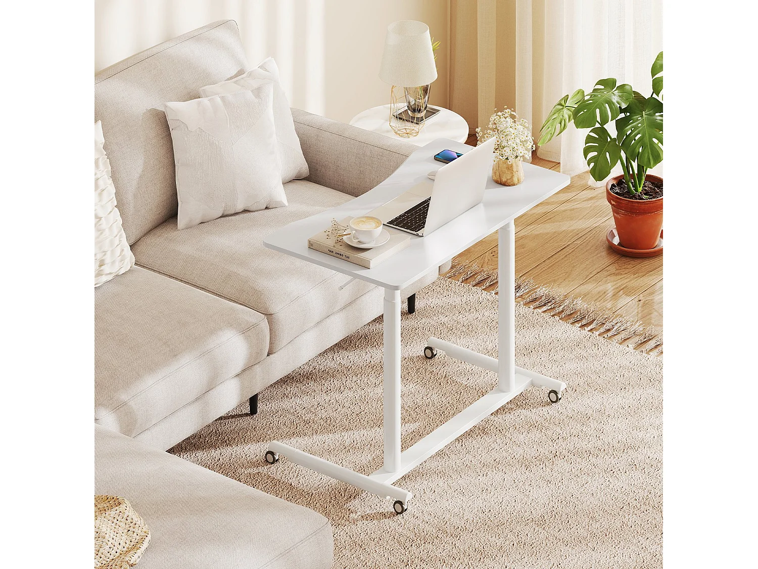 Scrivania a C con rotelle 70-106 cm scrivania per computer regolabile in altezza Scrivania in piedi Bianco