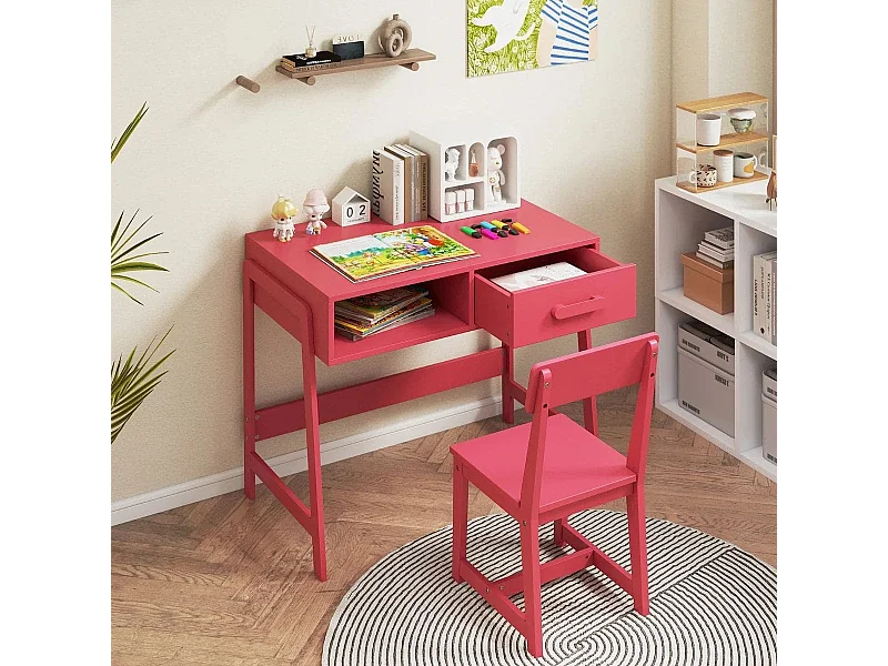 Bureau pour enfants avec chaise Set de bureau pour enfants en bois Bureau pour adolescents avec tiroir & étagère Rose