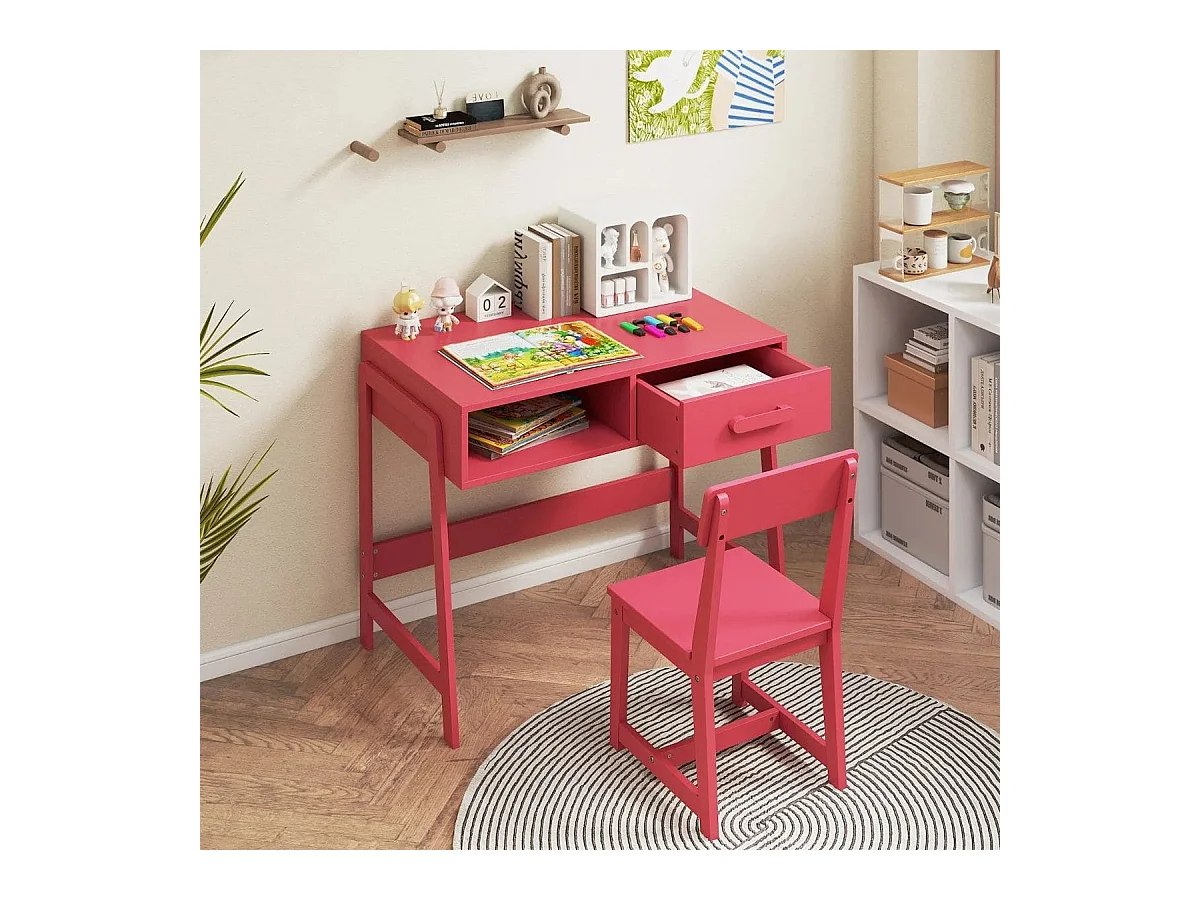 Scrivania per bambini con sedia Set di scrivanie per bambini in legno Scrivania per bambini con cassetto e scaffale Rosa