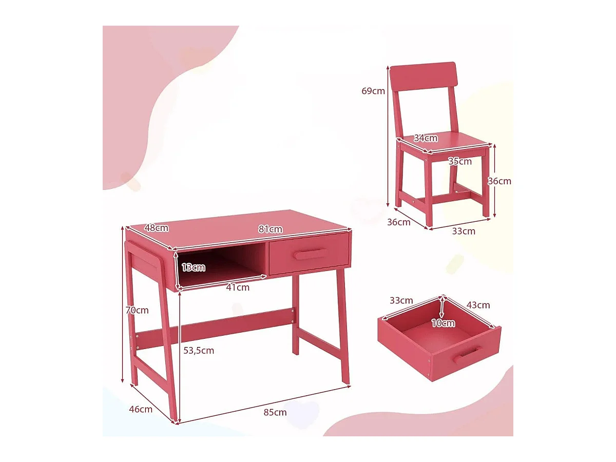 Scrivania per bambini con sedia Set di scrivanie per bambini in legno Scrivania per bambini con cassetto e scaffale Rosa