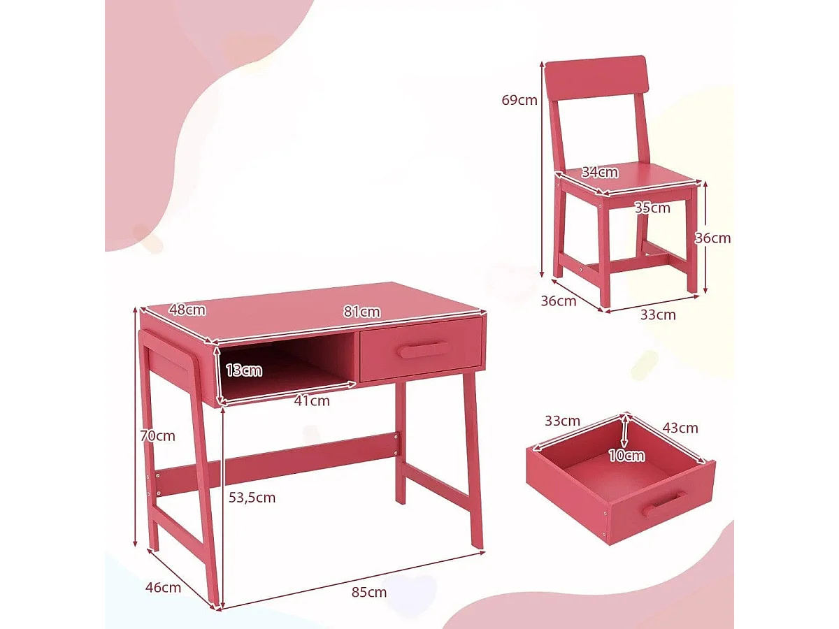 Scrivania per bambini con sedia Set di scrivanie per bambini in legno Scrivania per bambini con cassetto e scaffale Rosa