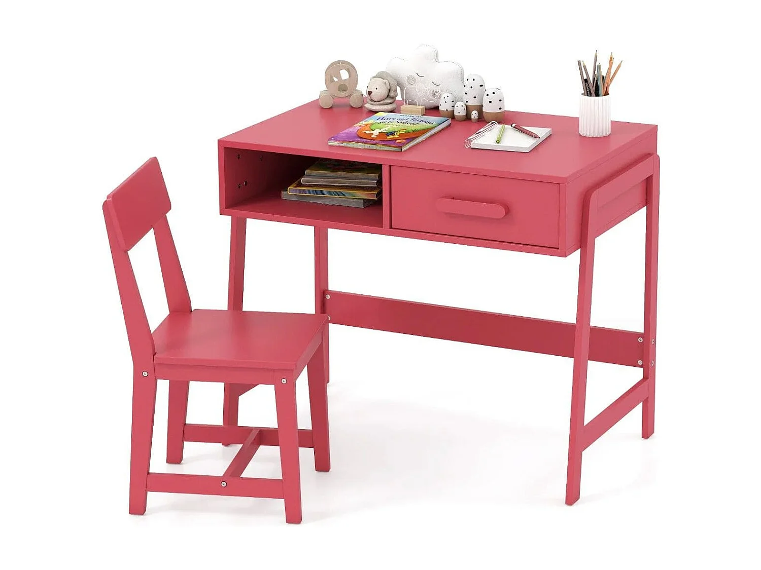 Scrivania per bambini con sedia Set di scrivanie per bambini in legno Scrivania per bambini con cassetto e scaffale Rosa