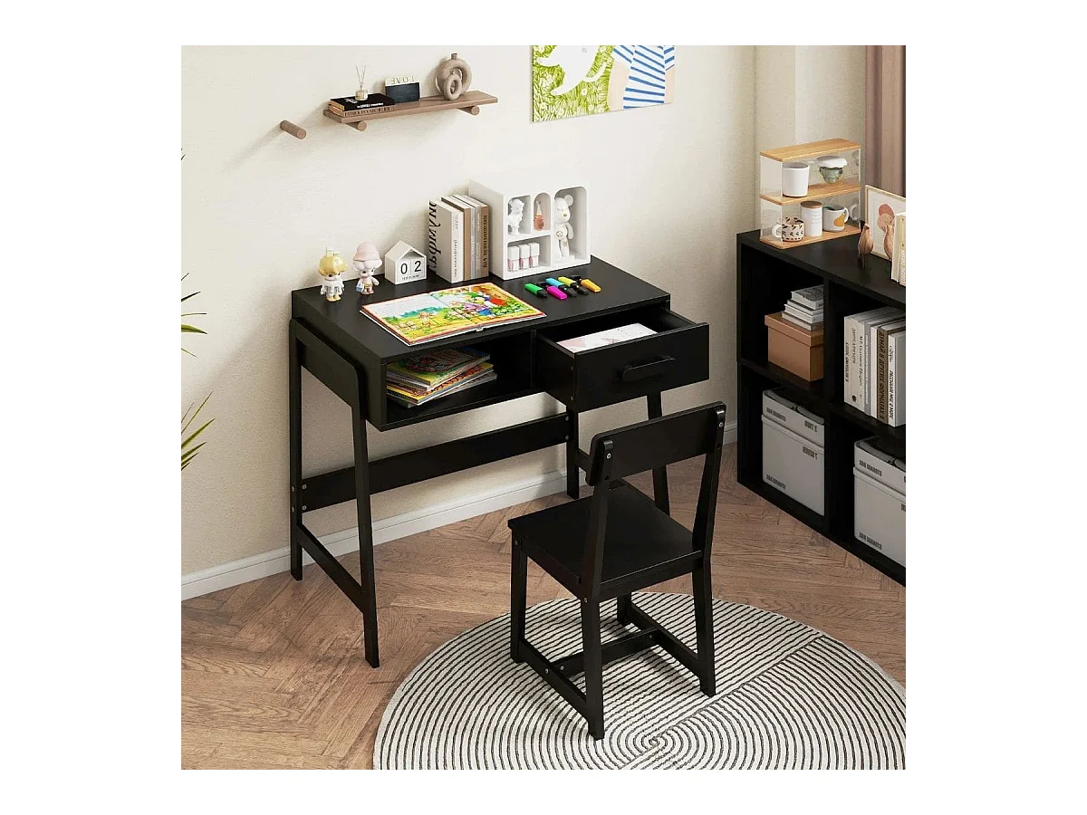 Schreibtisch Kinder mit Stuhl Kinderschreibtisch Set aus Holz Jugendschreibtisch mit Schublade Ablage Schwarz