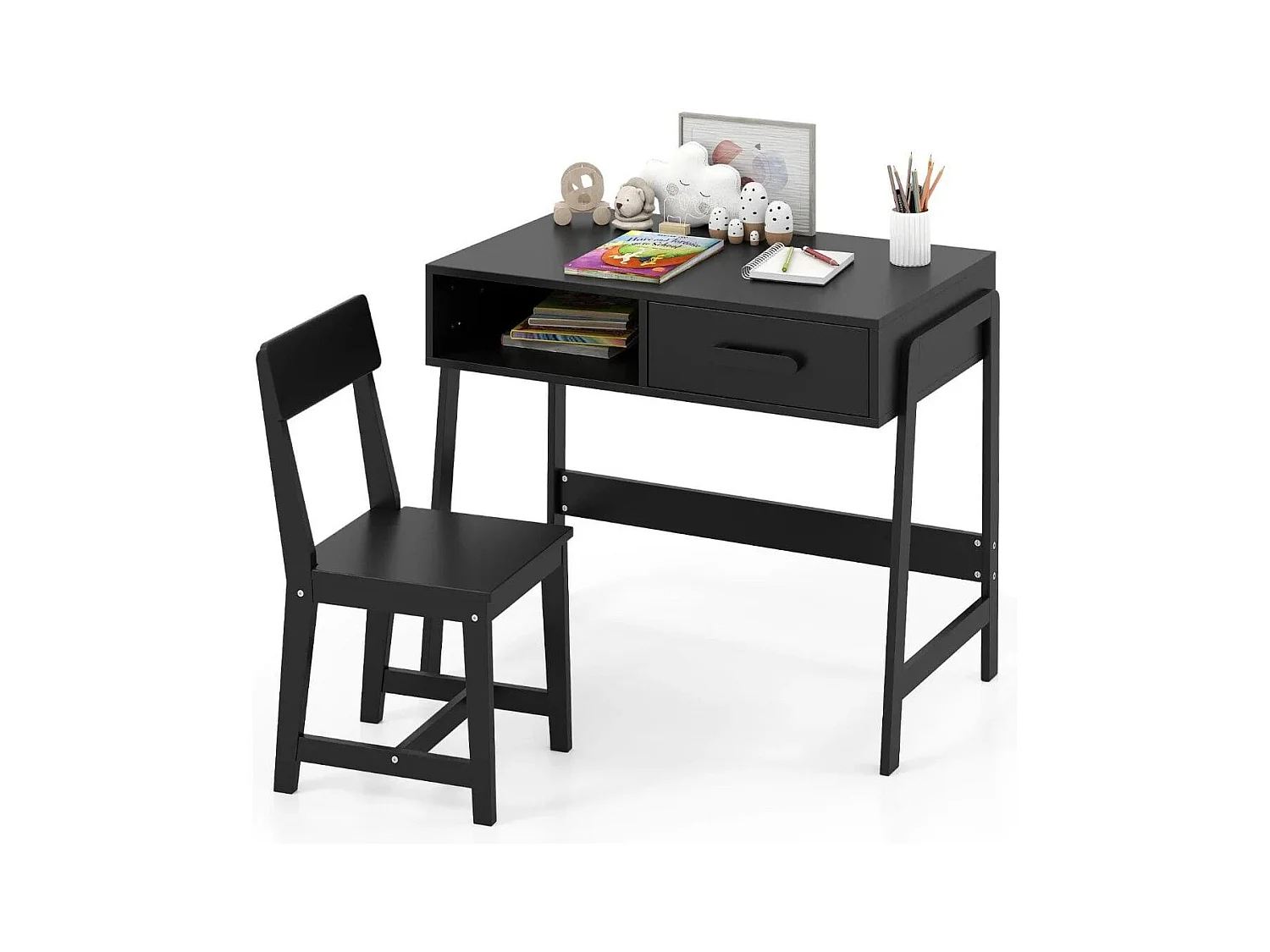 Schreibtisch Kinder mit Stuhl Kinderschreibtisch Set aus Holz Jugendschreibtisch mit Schublade Ablage Schwarz