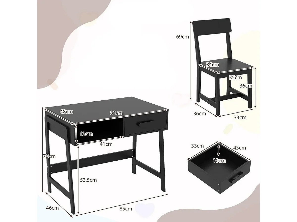 Scrivania per bambini con sedia Set di scrivanie per bambini in legno Scrivania per bambini con cassetto e ripiano Nero