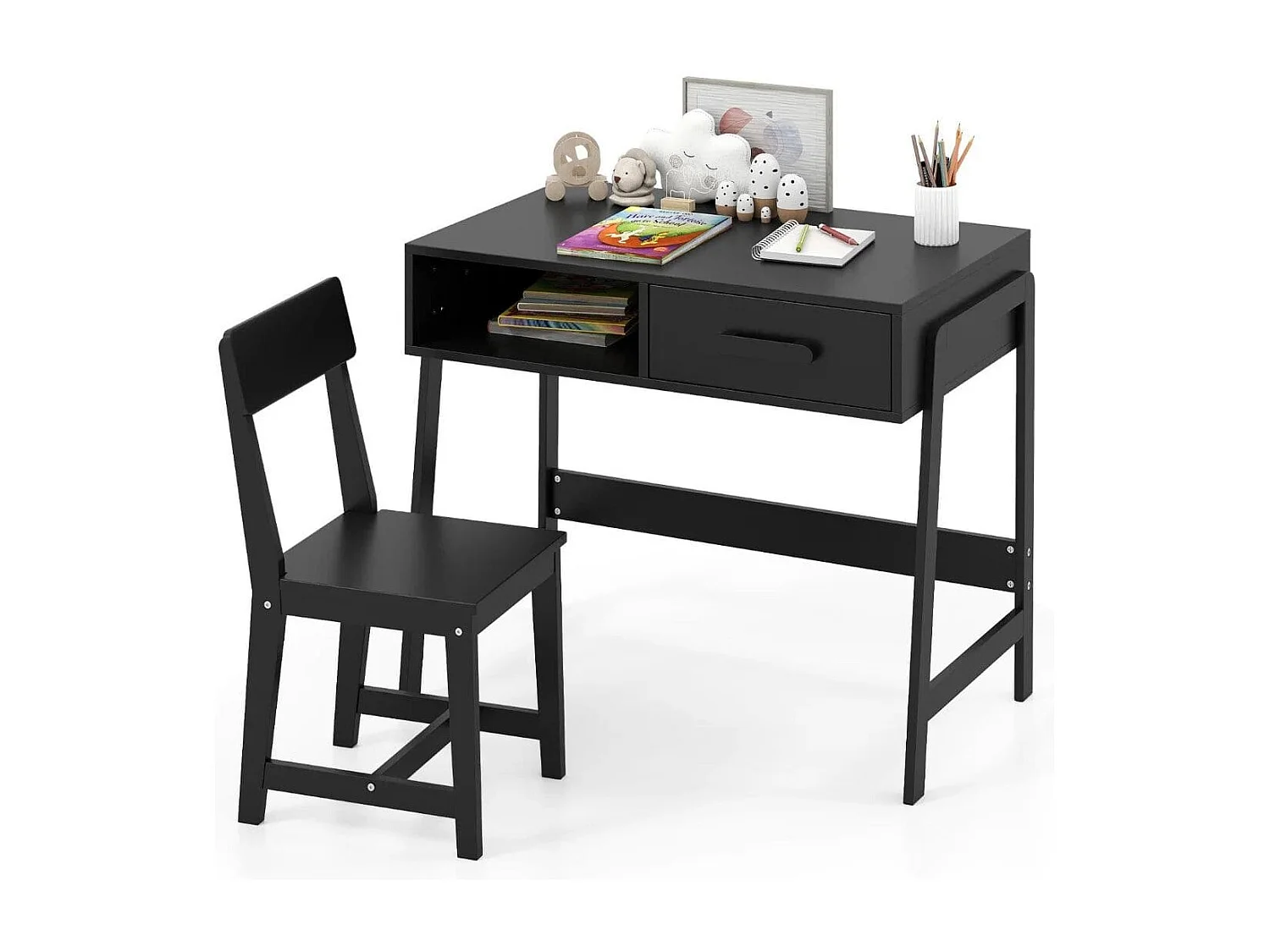 Scrivania per bambini con sedia Set di scrivanie per bambini in legno Scrivania per bambini con cassetto e ripiano Nero