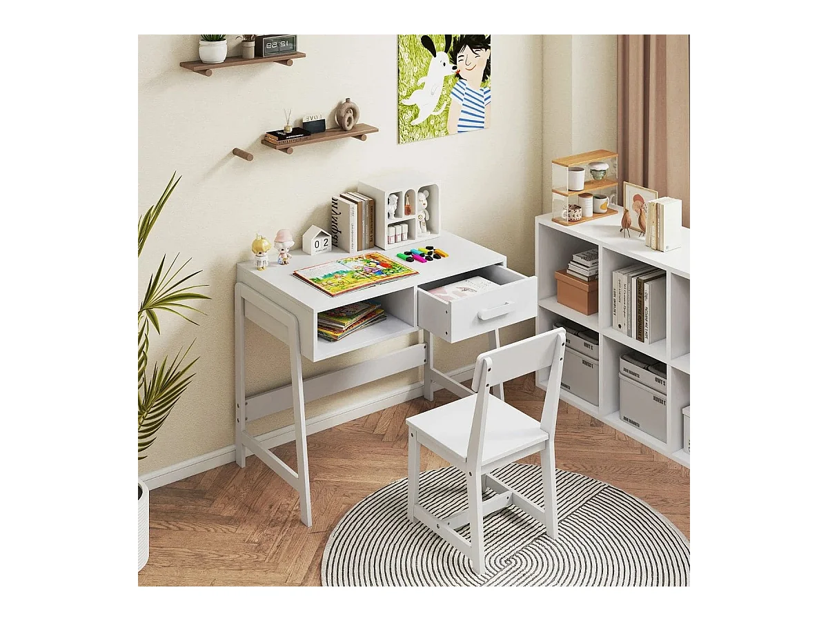 Bureau pour enfants avec chaise Set de bureau pour enfants en bois Bureau pour adolescents avec tiroir & étagère Blanc
