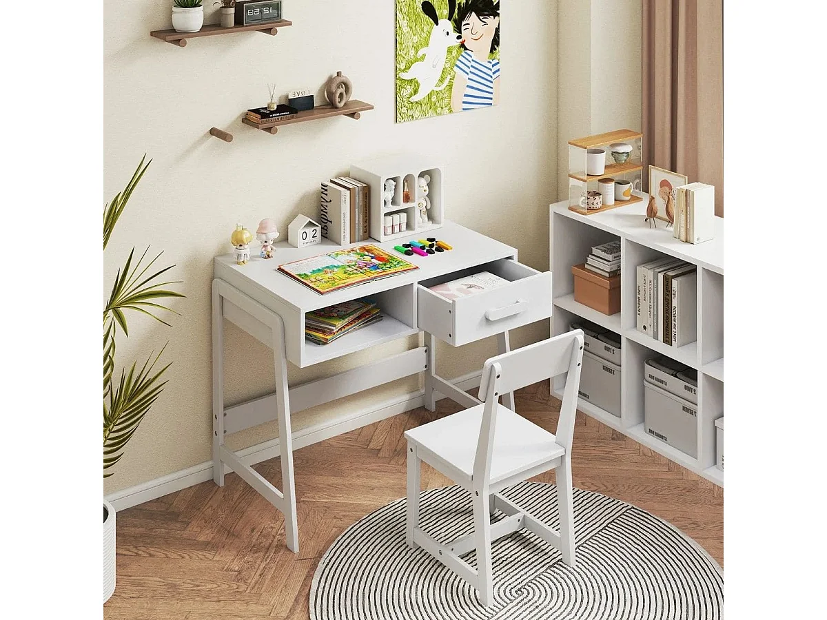 Scrivania per bambini con sedia Set di scrivanie per bambini in legno Scrivania per bambini con cassetto e ripiano Bianco