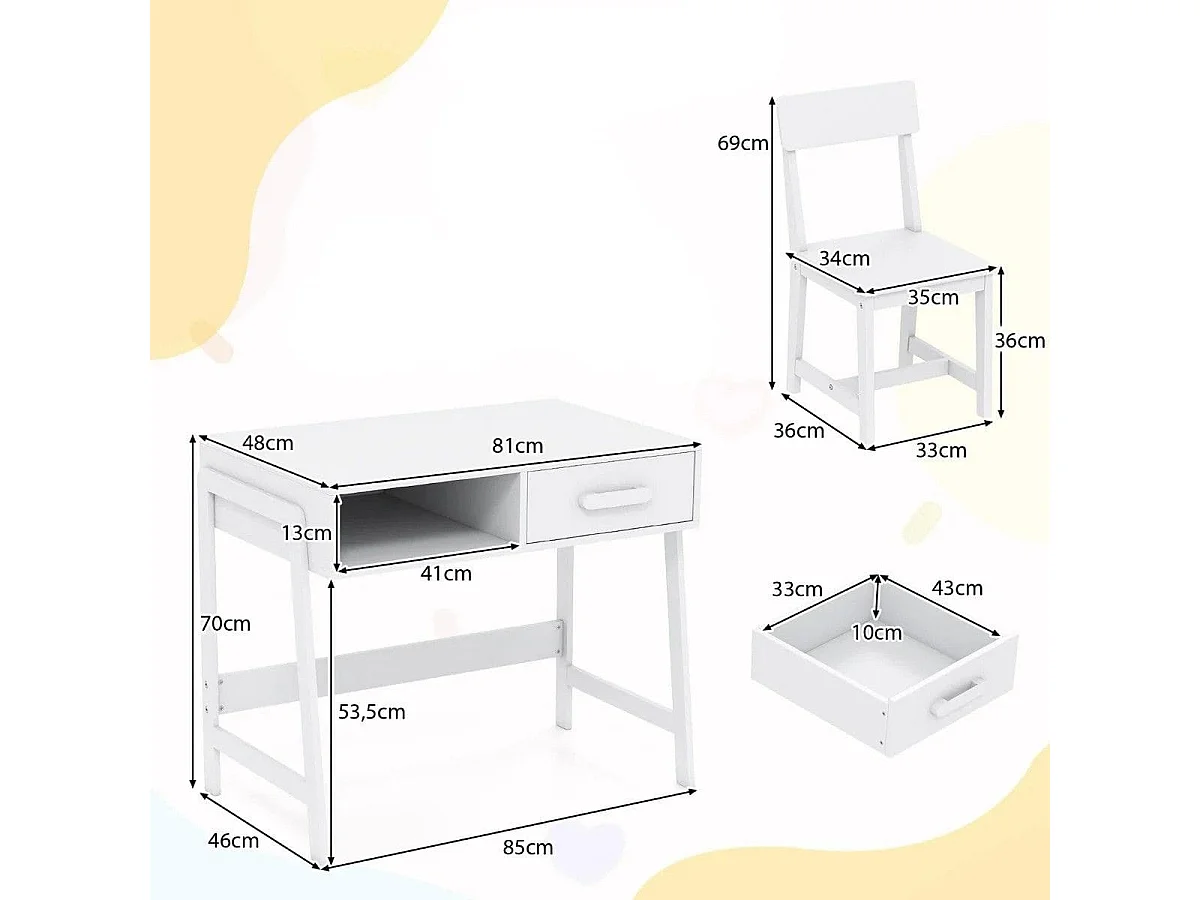 Scrivania per bambini con sedia Set di scrivanie per bambini in legno Scrivania per bambini con cassetto e ripiano Bianco