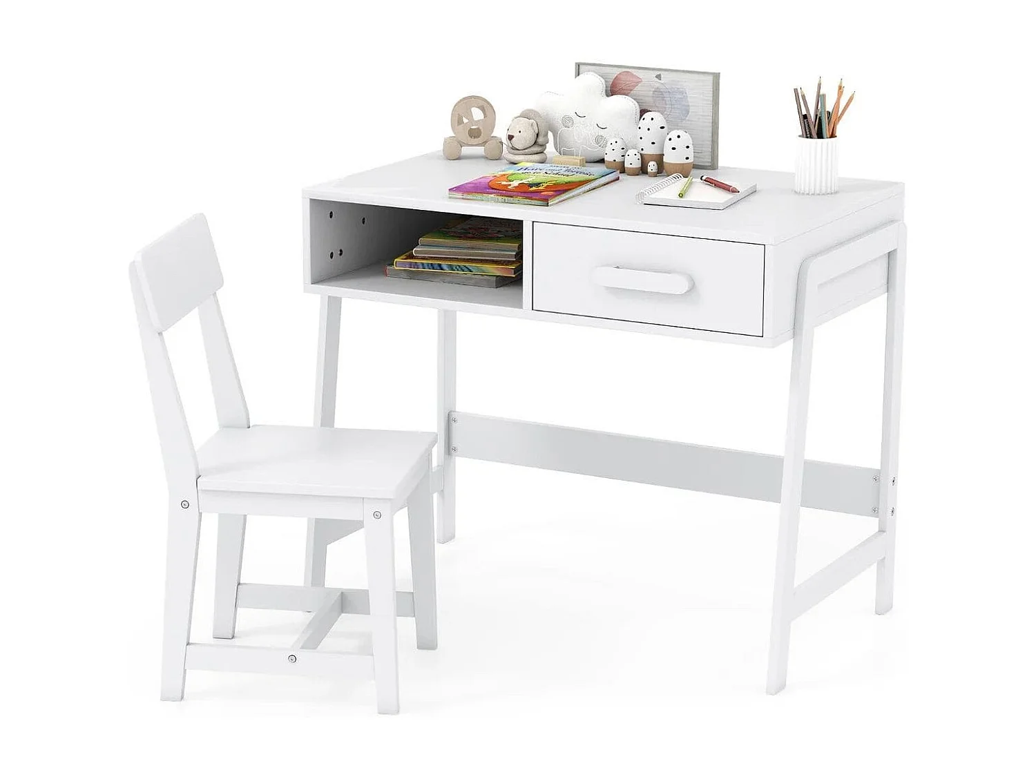 Scrivania per bambini con sedia Set di scrivanie per bambini in legno Scrivania per bambini con cassetto e ripiano Bianco