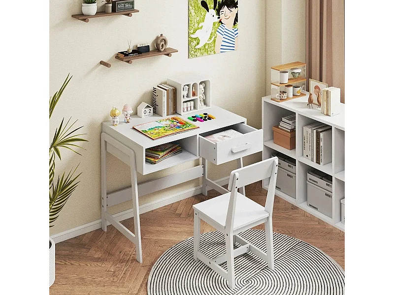 Scrivania per bambini con sedia Set di scrivanie per bambini in legno Scrivania per bambini con cassetto e ripiano Bianco