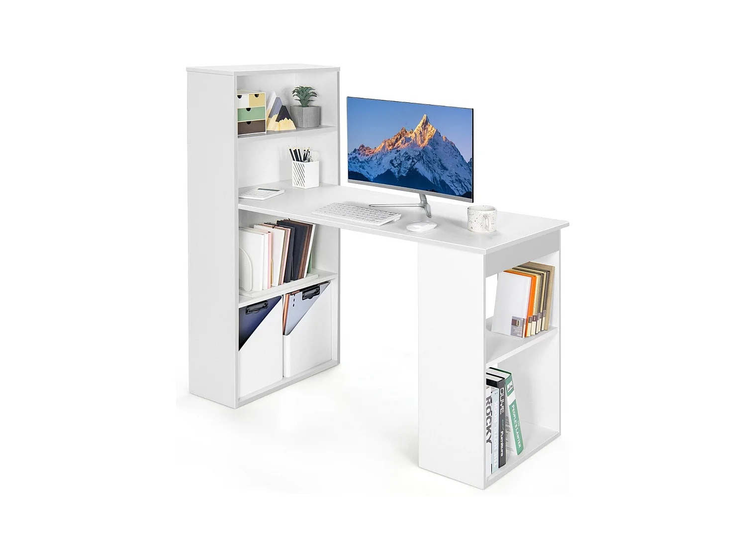 Scrivania per computer da 122cm con libreria, Postazione di studio moderna compatta con 6 ripiani Bianco