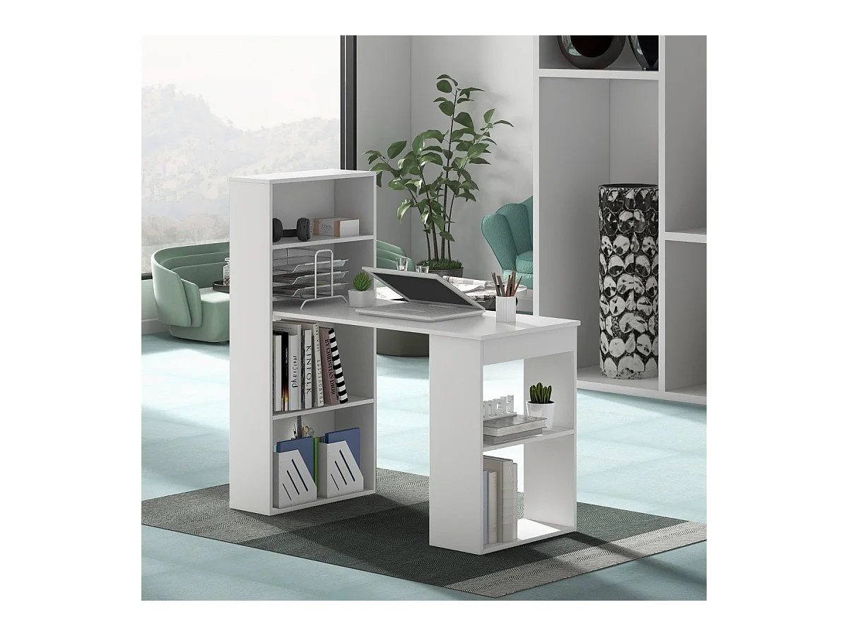 Scrivania per computer da 122cm con libreria, Postazione di studio moderna compatta con 6 ripiani Bianco