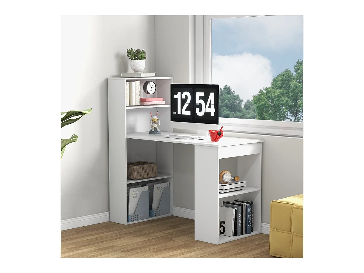 Bureau D'ordinateur avec Bibliothèque Bureau D'écriture Compact de 120 Cm avec Étagères de Rangement à 6 Niveaux Poste de Travail avec Base pour Blanc