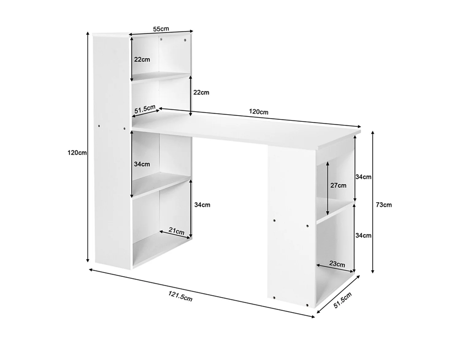 Bureau D'ordinateur avec Bibliothèque Bureau D'écriture Compact de 120 Cm avec Étagères de Rangement à 6 Niveaux Poste de Travail avec Base pour Blanc