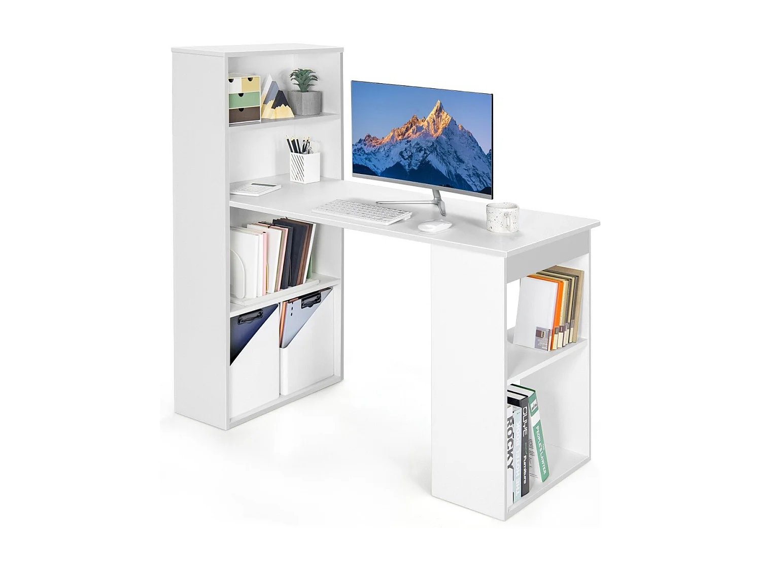 Bureau D'ordinateur avec Bibliothèque Bureau D'écriture Compact de 120 Cm avec Étagères de Rangement à 6 Niveaux Poste de Travail avec Base pour Blanc