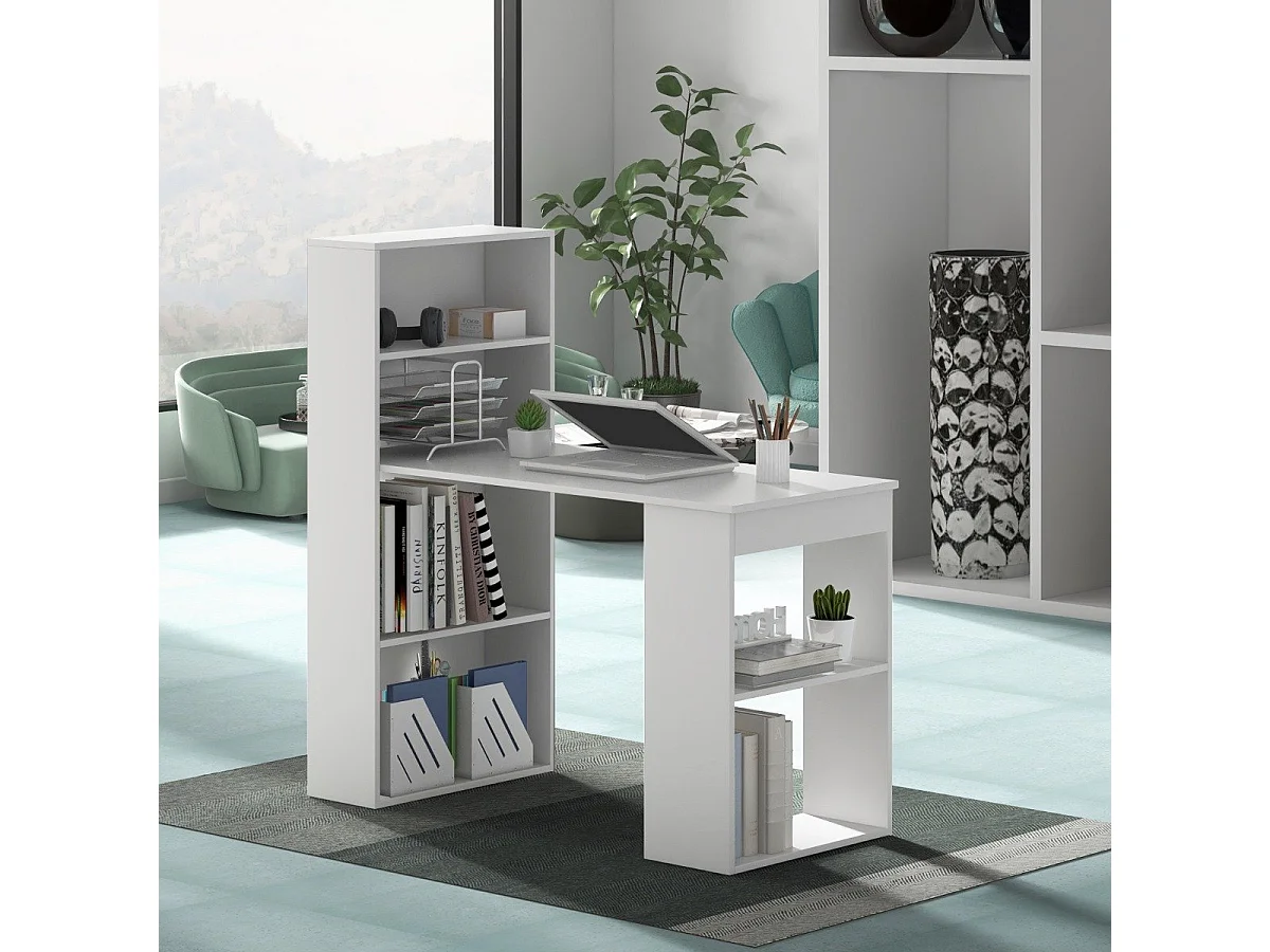 Bureau D'ordinateur avec Bibliothèque Bureau D'écriture Compact de 120 Cm avec Étagères de Rangement à 6 Niveaux Poste de Travail avec Base pour Blanc