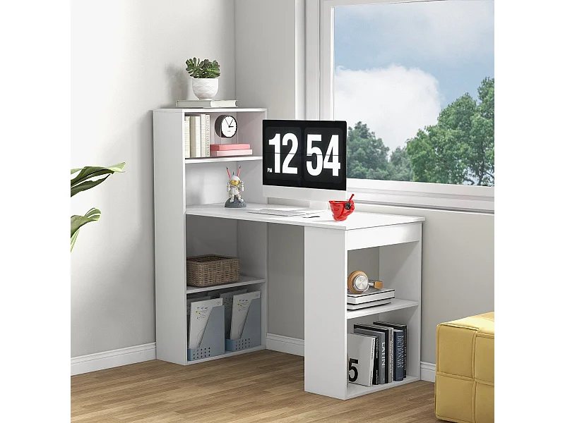 Bureau D'ordinateur avec Bibliothèque Bureau D'écriture Compact de 120 Cm avec Étagères de Rangement à 6 Niveaux Poste de Travail avec Base pour Blanc