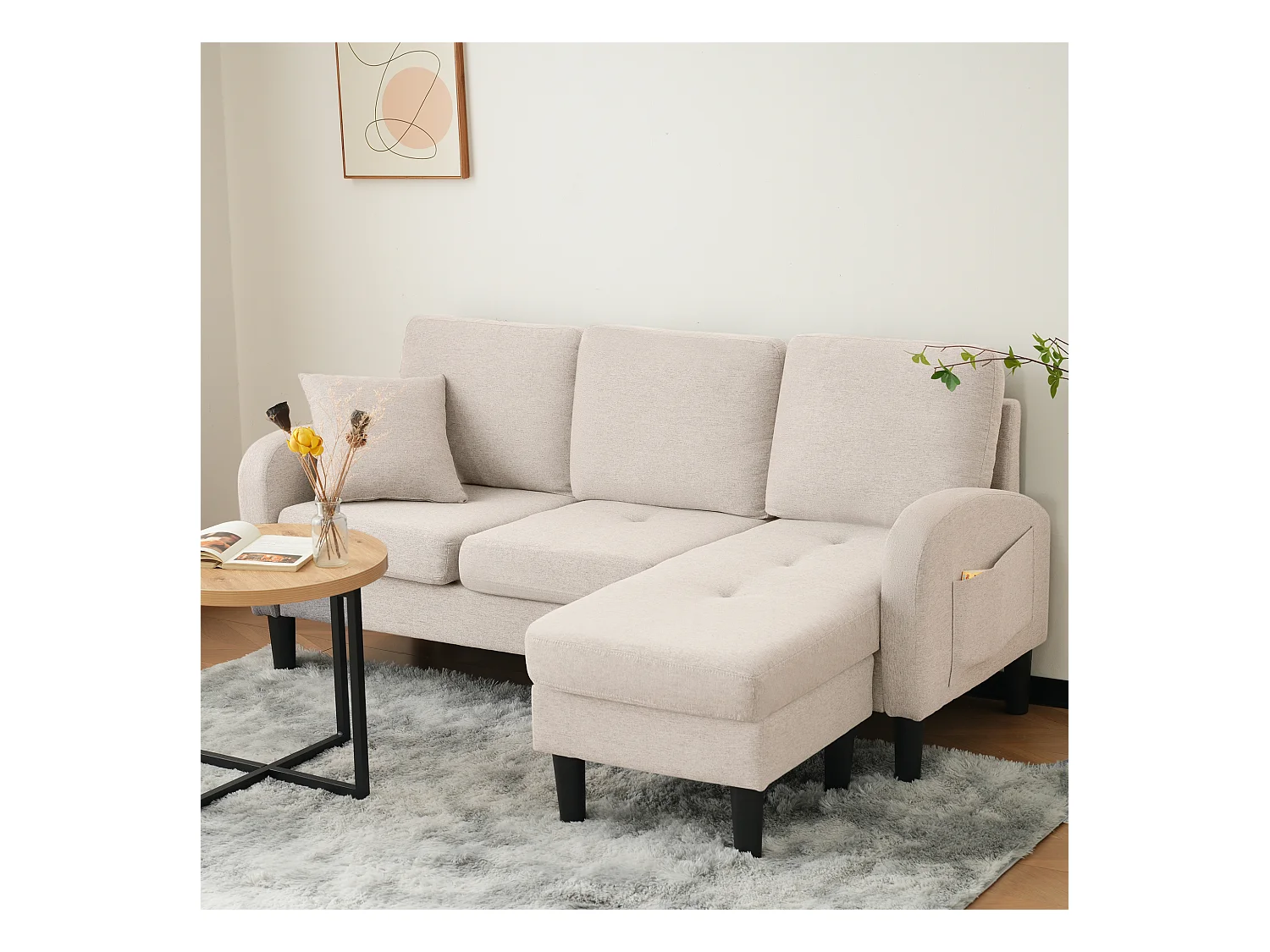 Canapé d'angle 3 places en L beige, tissu coton et lin, pieds en plastique, 166 x 118 x 77 cm