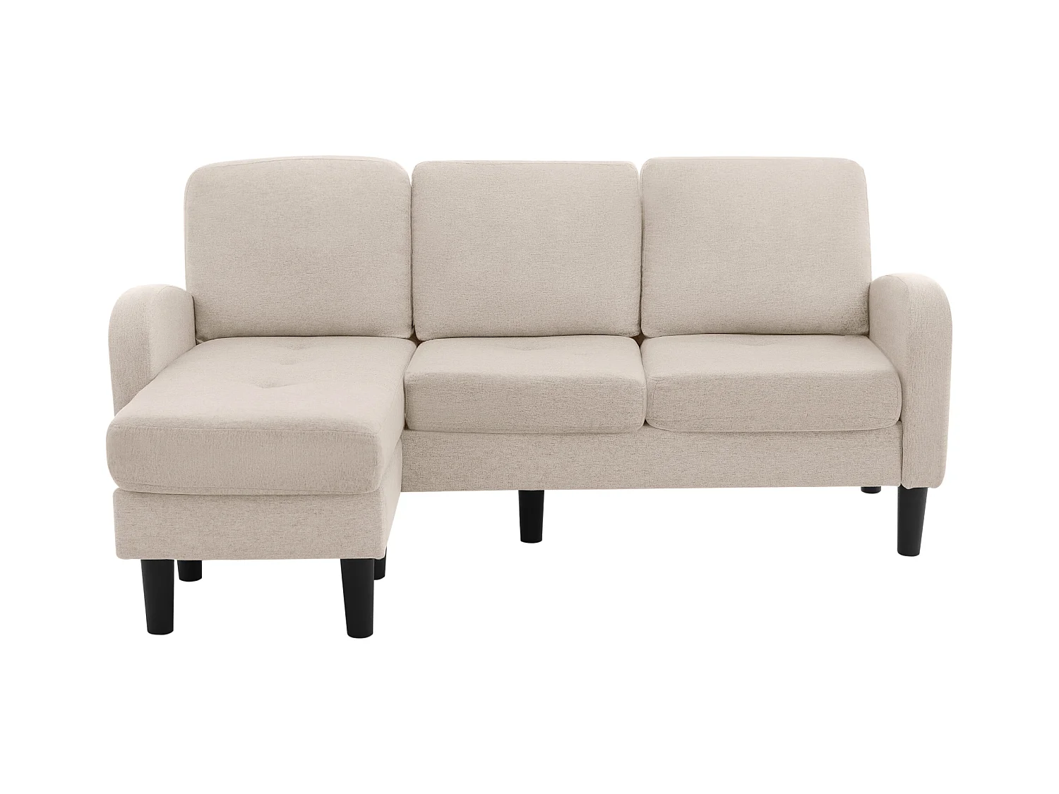 Canapé d'angle 3 places en L beige, tissu coton et lin, pieds en plastique, 166 x 118 x 77 cm