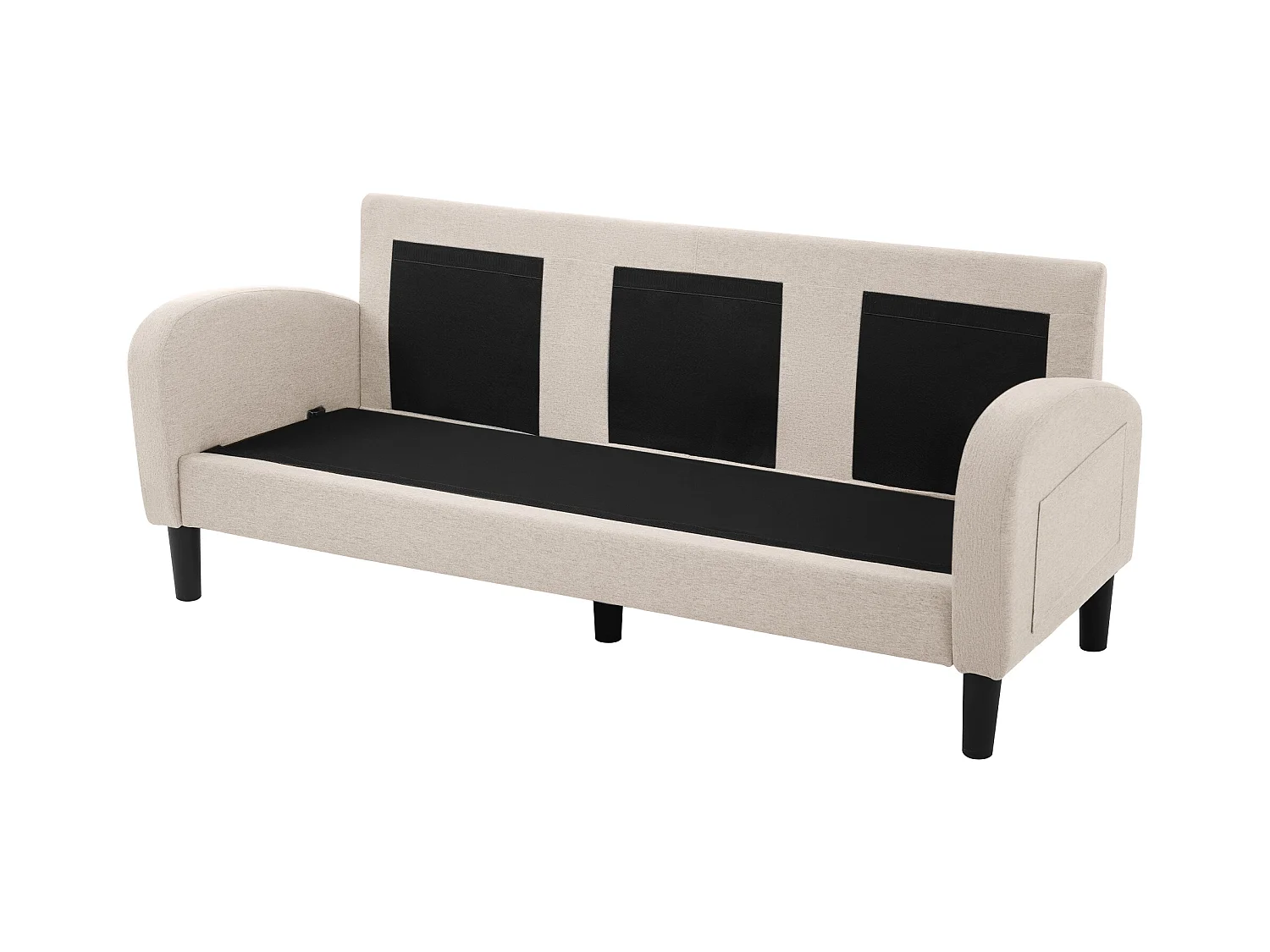 Canapé d'angle 3 places en L beige, tissu coton et lin, pieds en plastique, 166 x 118 x 77 cm