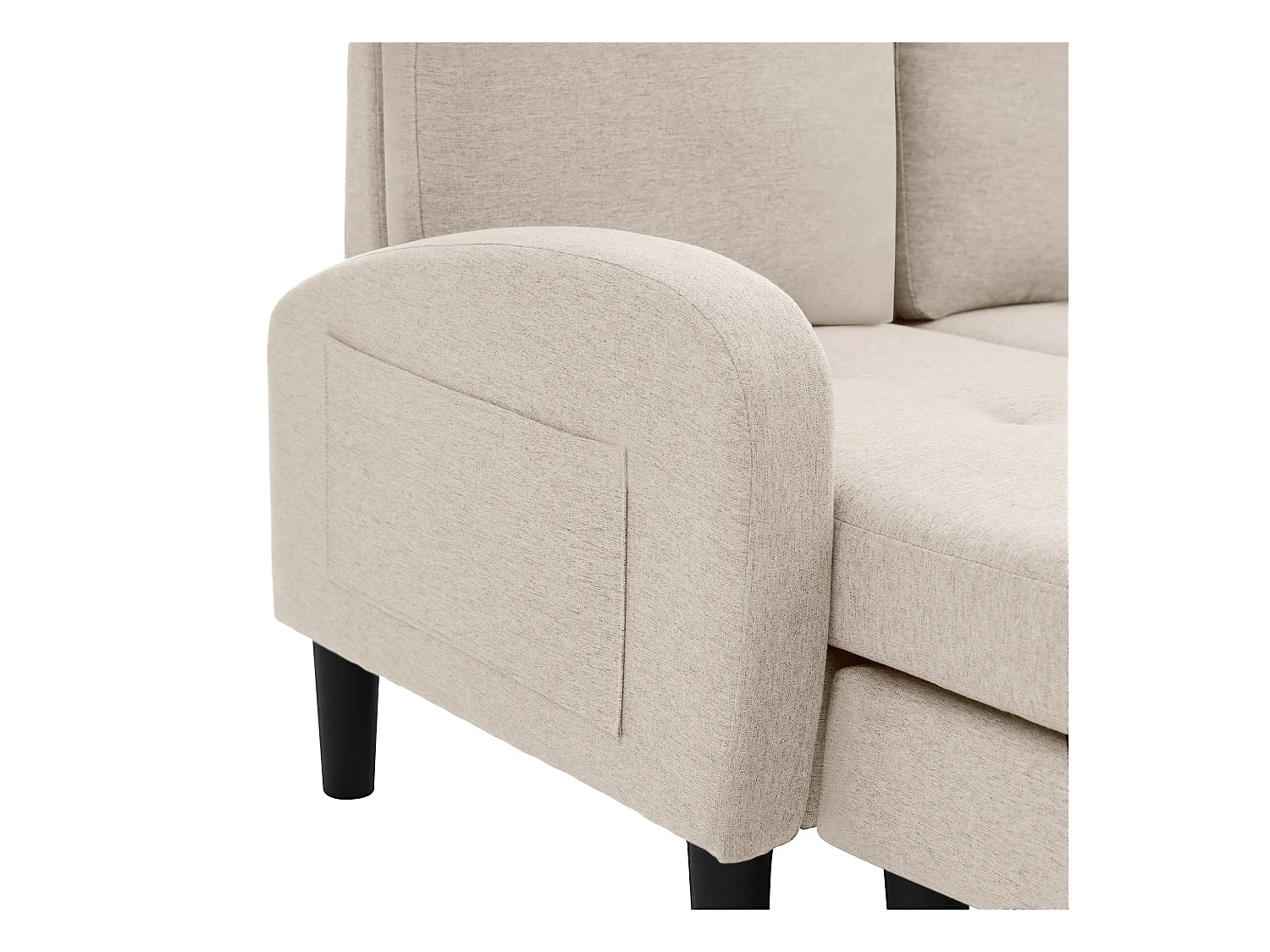 Canapé d'angle 3 places en L beige, tissu coton et lin, pieds en plastique, 166 x 118 x 77 cm