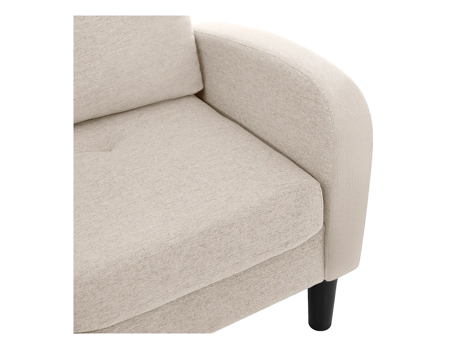 Canapé d'angle 3 places en L beige, tissu coton et lin, pieds en plastique, 166 x 118 x 77 cm