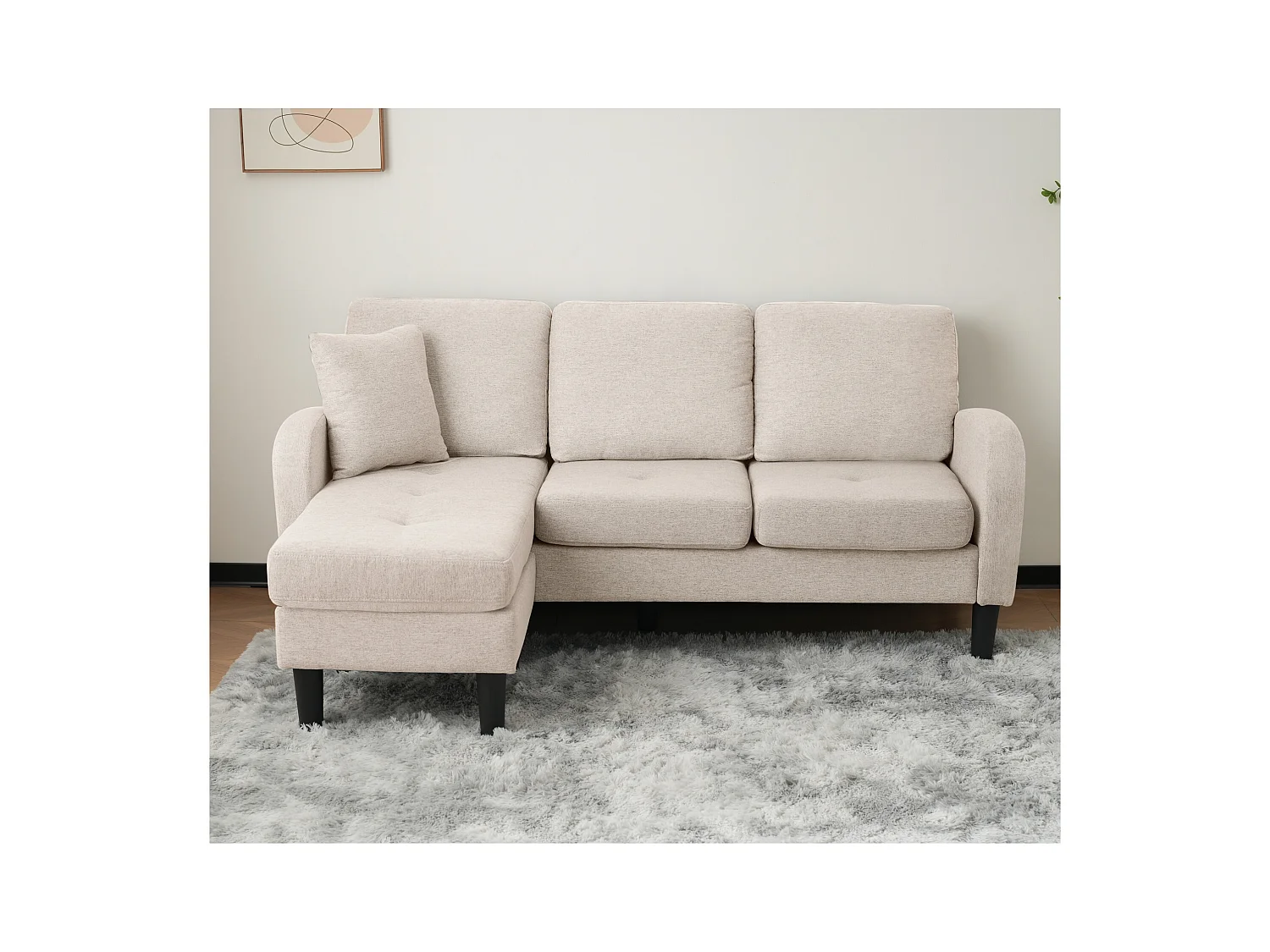 Canapé d'angle 3 places en L beige, tissu coton et lin, pieds en plastique, 166 x 118 x 77 cm