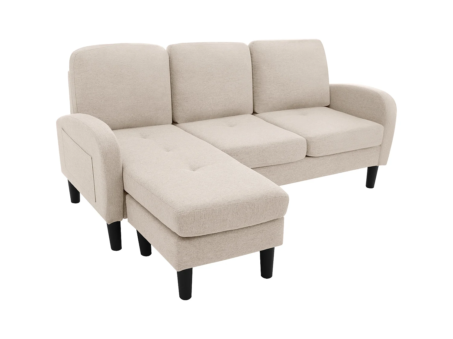 Canapé d'angle 3 places en L beige, tissu coton et lin, pieds en plastique, 166 x 118 x 77 cm