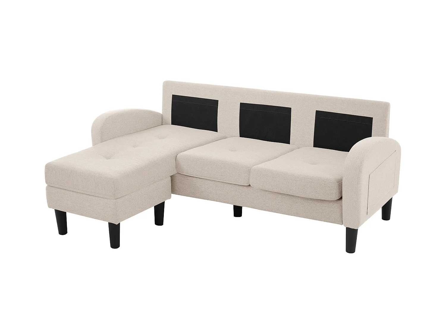 Canapé d'angle 3 places en L beige, tissu coton et lin, pieds en plastique, 166 x 118 x 77 cm