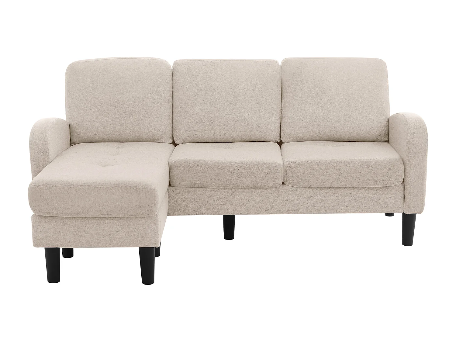 Canapé d'angle 3 places en L beige, tissu coton et lin, pieds en plastique, 166 x 118 x 77 cm