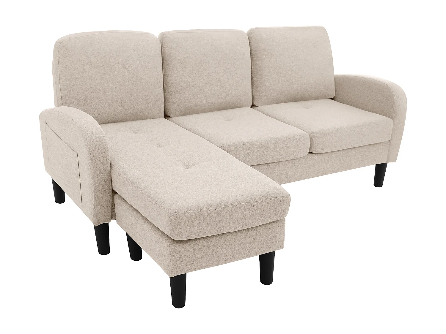 Canapé d'angle 3 places en L beige, tissu coton et lin, pieds en plastique, 166 x 118 x 77 cm