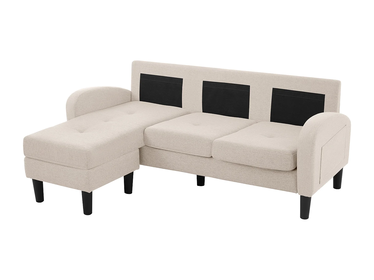 Canapé d'angle 3 places en L beige, tissu coton et lin, pieds en plastique, 166 x 118 x 77 cm