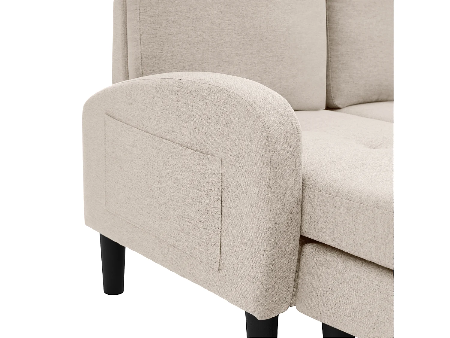 Canapé d'angle 3 places en L beige, tissu coton et lin, pieds en plastique, 166 x 118 x 77 cm