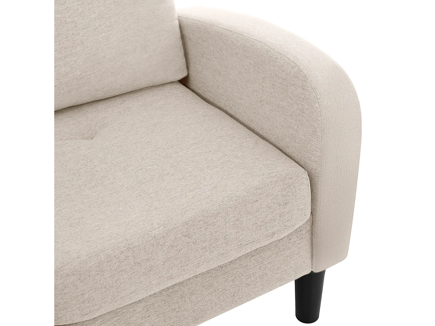 Canapé d'angle 3 places en L beige, tissu coton et lin, pieds en plastique, 166 x 118 x 77 cm