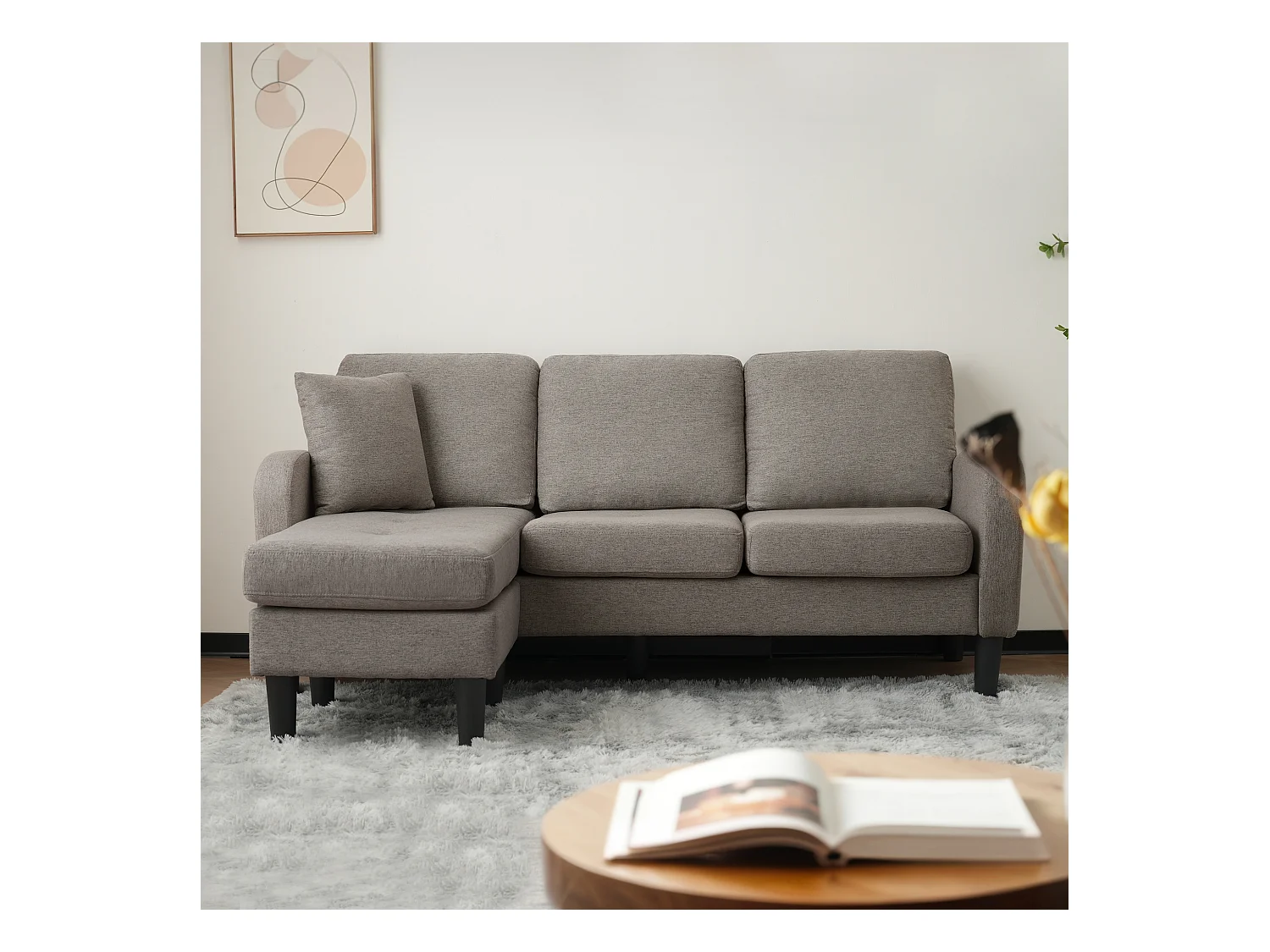 Canapé d'angle 3 places en L gris foncé antique, tissu coton et lin, pieds en plastique, 166 x 118 x 77 cm