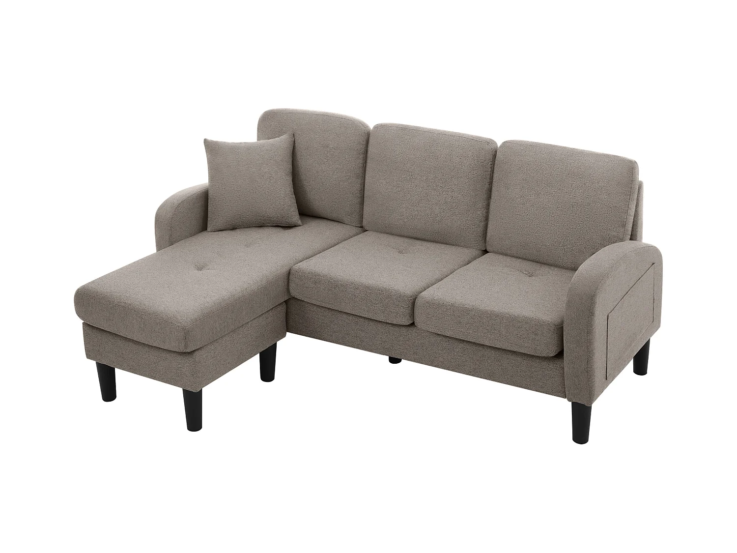 Canapé d'angle 3 places en L gris foncé antique, tissu coton et lin, pieds en plastique, 166 x 118 x 77 cm