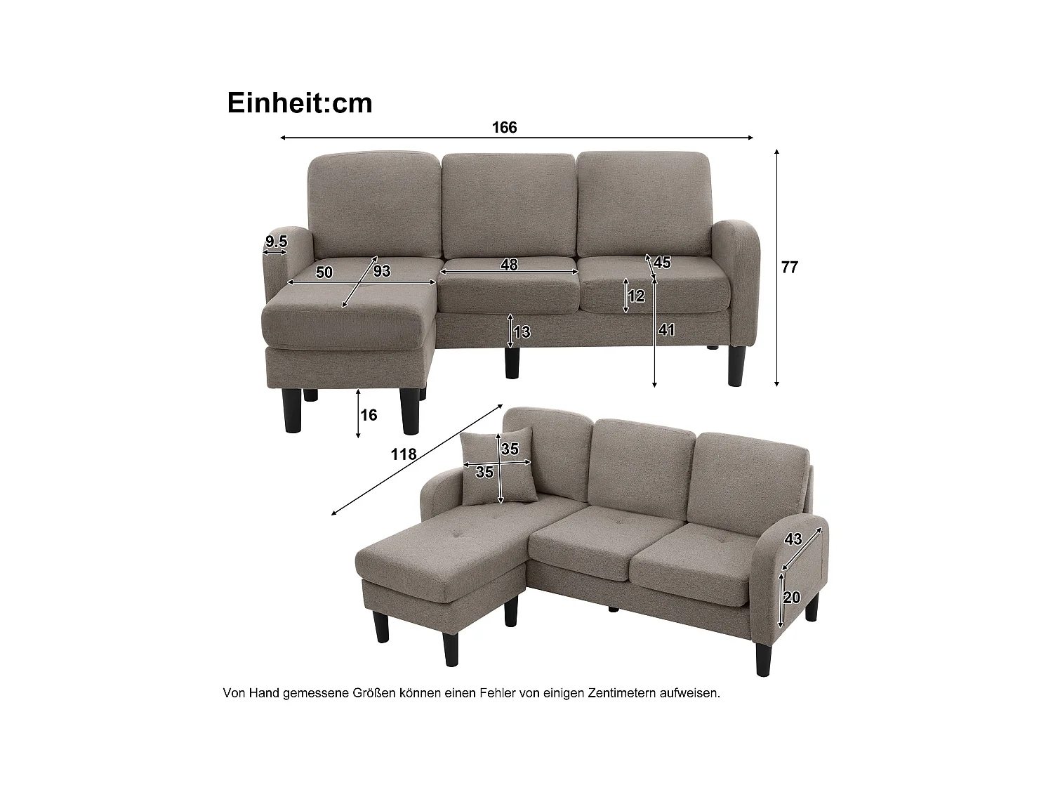 Canapé d'angle 3 places en L gris foncé antique, tissu coton et lin, pieds en plastique, 166 x 118 x 77 cm