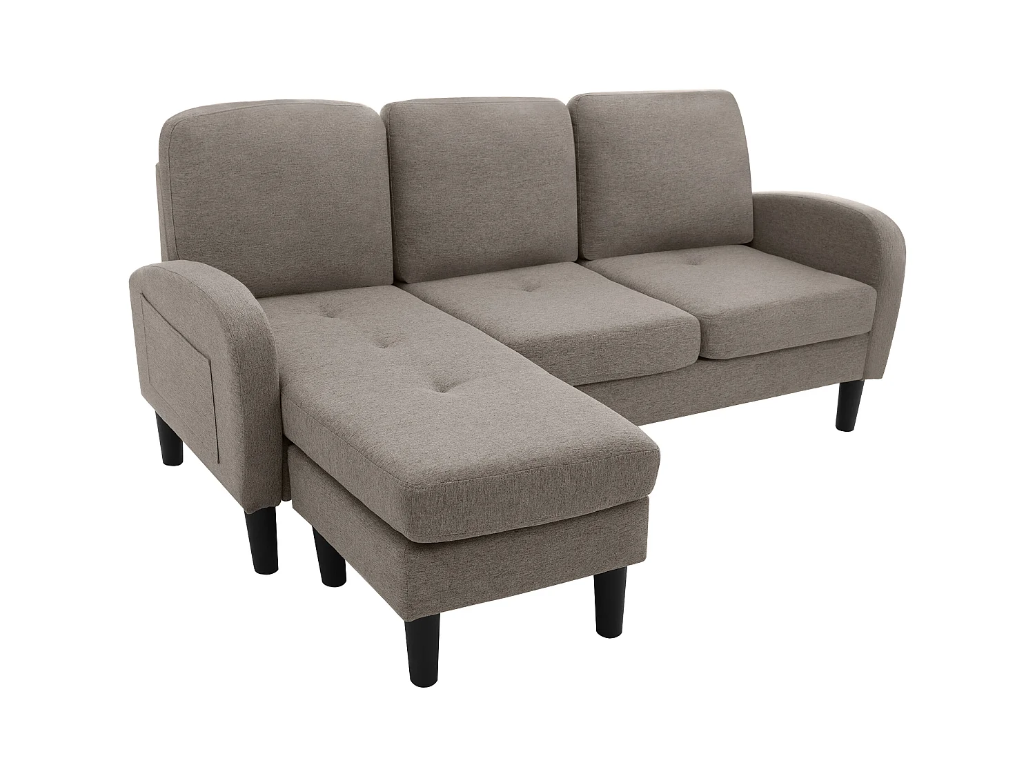 Canapé d'angle 3 places en L gris foncé antique, tissu coton et lin, pieds en plastique, 166 x 118 x 77 cm