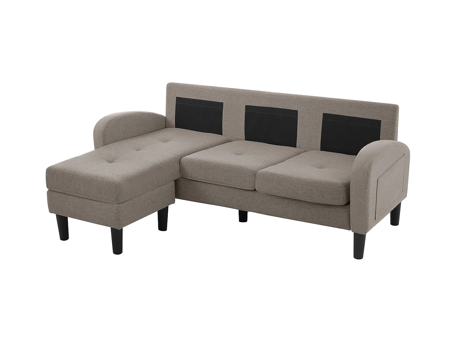 Canapé d'angle 3 places en L gris foncé antique, tissu coton et lin, pieds en plastique, 166 x 118 x 77 cm