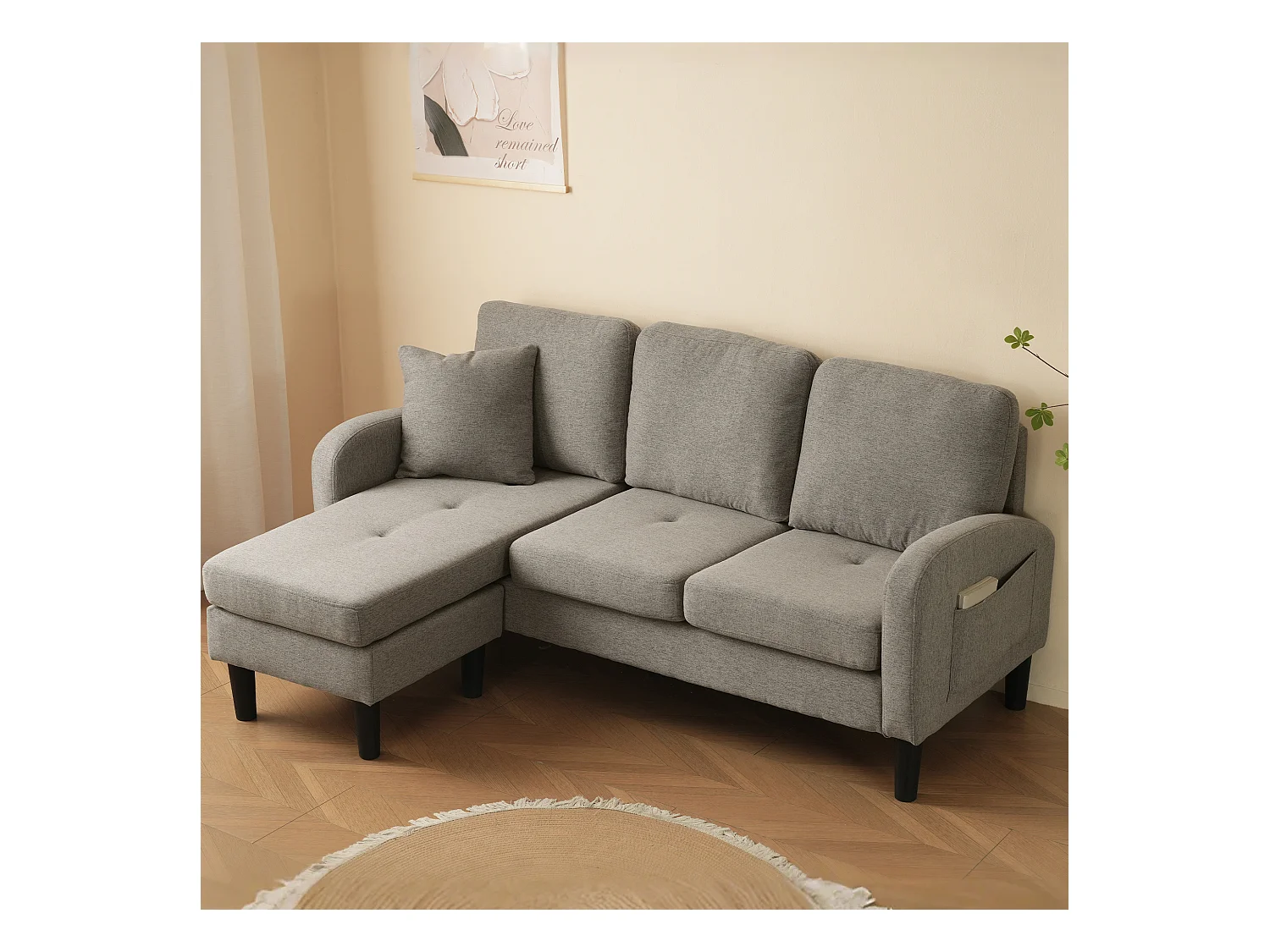 Canapé d'angle 3 places en L gris foncé antique, tissu coton et lin, pieds en plastique, 166 x 118 x 77 cm