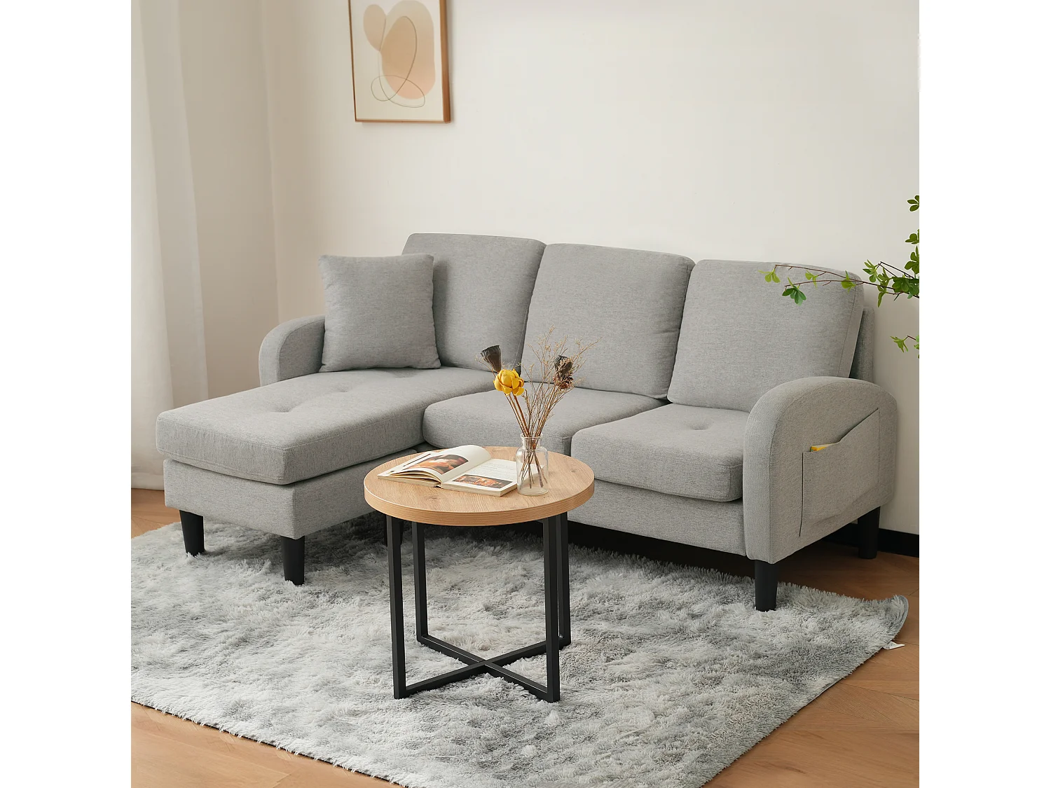 Canapé d'angle 3 places en L gris, tissu coton et lin, pieds en plastique, 166 x 118 x 77 cm