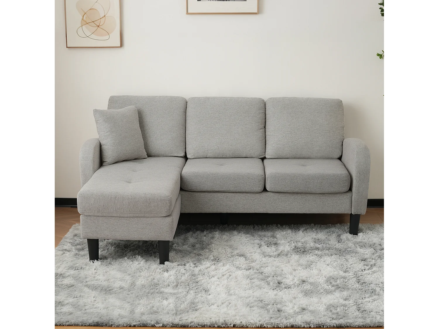 Canapé d'angle 3 places en L gris, tissu coton et lin, pieds en plastique, 166 x 118 x 77 cm