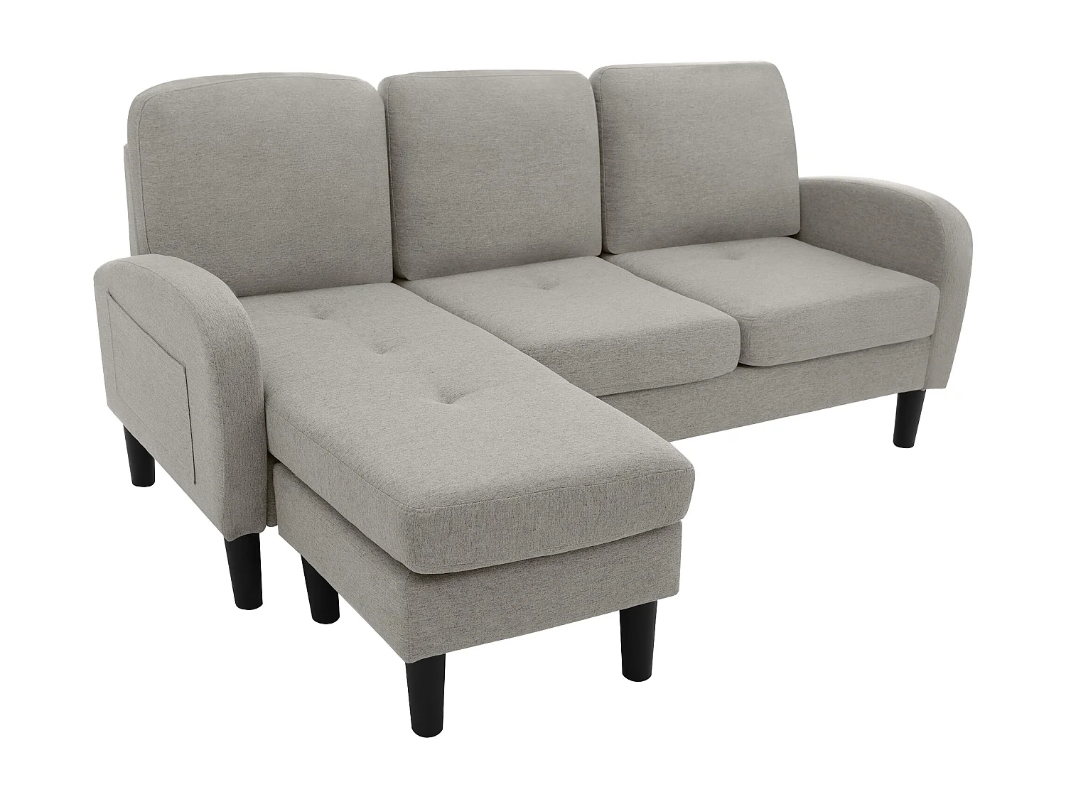 Canapé d'angle 3 places en L gris, tissu coton et lin, pieds en plastique, 166 x 118 x 77 cm